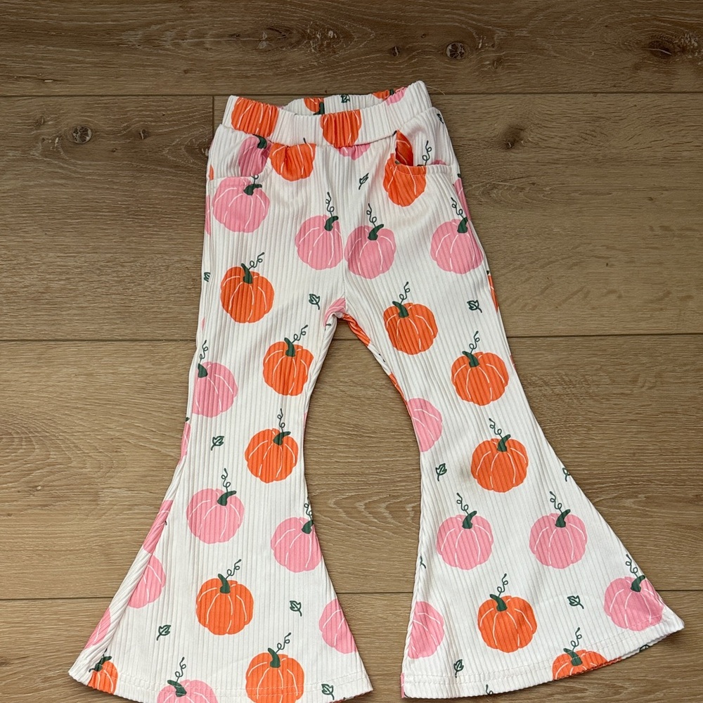 Tullabee Girls Ribbed Bell Bottom Pants with Pink & Orange Pumpkin Print